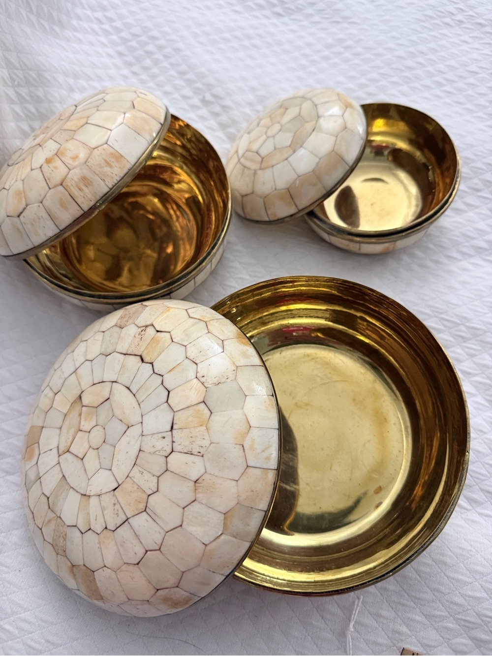 Vintage MCM Brass & Bone Mosaic Nesting Boxes - Set of 3 Round Lidded